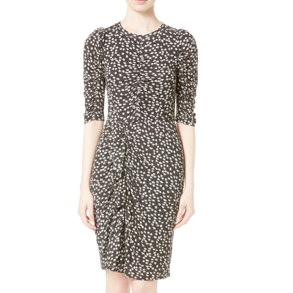Rebecca Taylor Floral Fizz Puff Sleeve Wool Blend Midi Dress Black Medium M